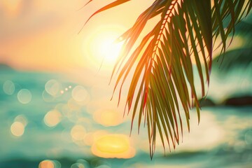 Fototapeta na wymiar Blur beautiful nature green palm leaf on tropical beach with bokeh sun light wave abstract background. Copy space of summer vacation and business travel concept - generative ai