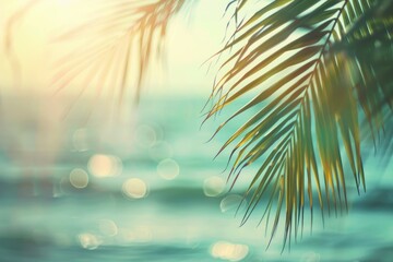 Fototapeta na wymiar Blur beautiful nature green palm leaf on tropical beach with bokeh sun light wave abstract background. Copy space of summer vacation and business travel concept - generative ai