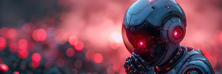Futuristic robot with hands clasped in neon-lit landscape,
Cyberpunk robot with anthropomorphic features in the night metropolis Yellow eyes and lights

 - obrazy, fototapety, plakaty