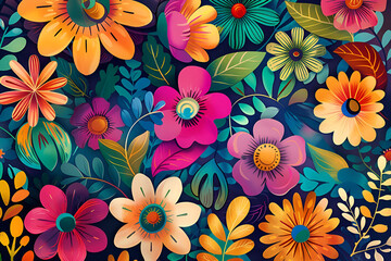 Fototapeta na wymiar Beautiful vintage floral seamless pattern. Floral pattern with flowers and leaves in pink, blue, purple, and yellow.