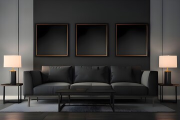 Living room with three accent canvas square painting picture. Frames for art on a black wall. Gallery in dark colors with a gray sofa. 