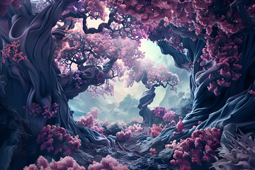 A forest with pink trees and pink flowers. Generative AI