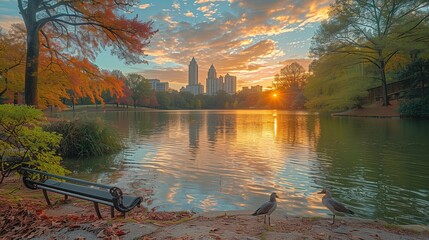 Golden Hour Harmony: Piedmont Park and Atlanta Skyline, generative ai - obrazy, fototapety, plakaty
