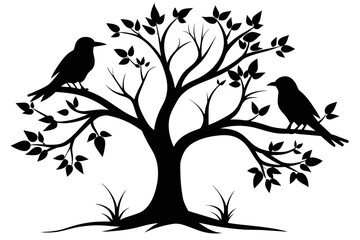 Two bird on a tree black silhouette vector white background