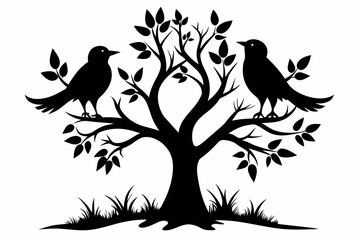 Two bird on a tree black silhouette vector white background