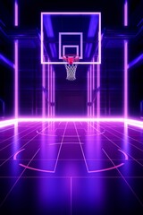 A basketball court with neon lights. Empty neon basketball arena in the dark. Vertical orientation - obrazy, fototapety, plakaty