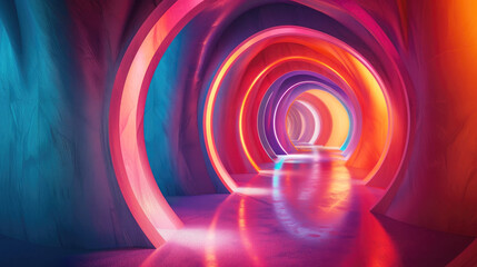 A long and narrow colorful tunnel, with orange, pink, blue, red and very bright geometric walls in...