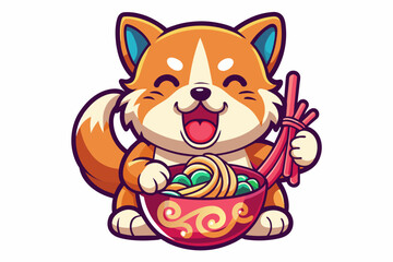 cute kawaii dog graphic eating ramen,vibrant colors,clear stroke outline, isolated on a white background 