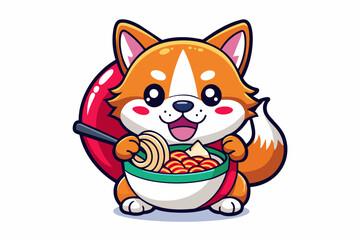 cute kawaii dog graphic eating ramen,vibrant colors,clear stroke outline, isolated on a white background 