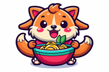 cute kawaii dog graphic eating ramen,vibrant colors,clear stroke outline, isolated on a white background 