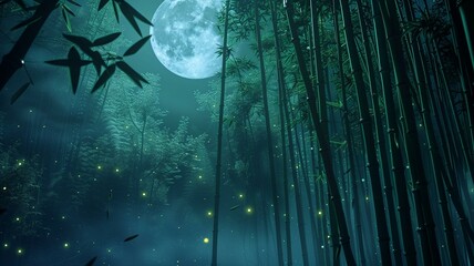 A tranquil bamboo forest bathed in the soft light of a full moon, with towering stalks swaying...