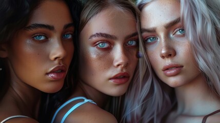 Fototapeta premium Group portrait of beautiful ladies with different skin and hair color 