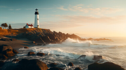 lighthouse at the coast of the island of the baltic sea in the morning - obrazy, fototapety, plakaty