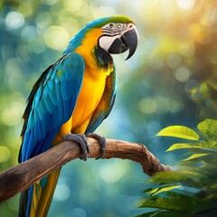blue and yellow macaw in a forest