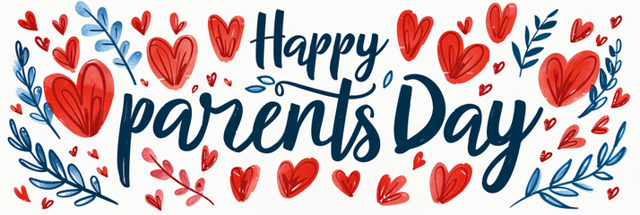 Greeting card, banner or poster for happy Parents day with text inscription. Calligraphy text with hearts on white background. Brush lettering