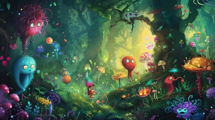 Playful and vibrant characters in a whimsical forest setting - obrazy, fototapety, plakaty