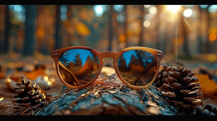 Rustic Eyewear Display in Forest Setting, generative ai