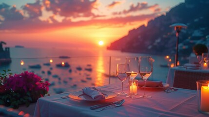 Romantic Sunset Dinner on the Amalfi Coast Terrace, generative ai