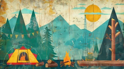 Retro camping collage with tents, campfires, and outdoor gear