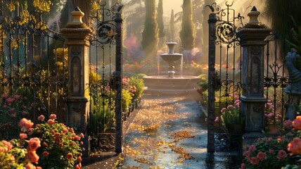 A magical garden hidden behind a wrought iron gate, with winding paths lined with blooming flowers,...