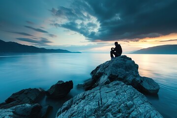Professional Nature Photographer Photographer sits on a cliff looking at sunset sea. Travel adventure concept, active vacations outdoor. Rear view of traveler with his camera in hand on the rock top - obrazy, fototapety, plakaty