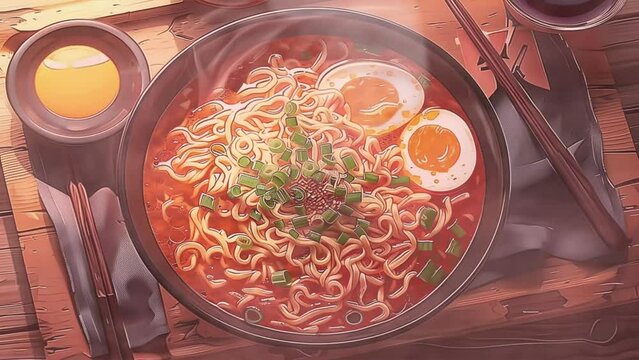 Bowl of noodles ramen anime cartoon landscape with animation cartoon style video art design	
