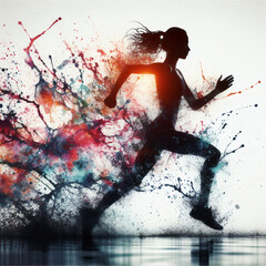 silhouette of woman running splash color background - 783175357