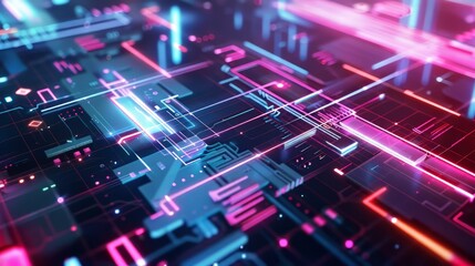 Fototapeta premium Tech inspired geometric grid layout with futuristic elements and digital overlays