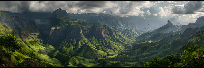 Panoramic Epitome of Natural Majestic: Nyanga Mountain Range Bathed in Gilded Sunlight - obrazy, fototapety, plakaty