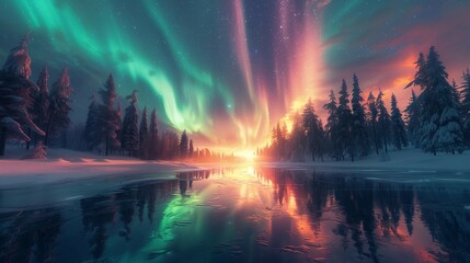 Enchanting Northern Lights on a Winter Night, generative ai - obrazy, fototapety, plakaty