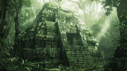 Time-worn engraving of an ancient Mayan temple hidden in the jungle