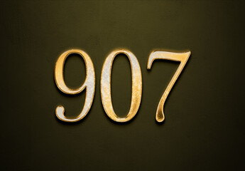 Old gold effect of 907 number with 3D glossy style Mockup.	