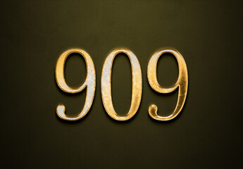 Old gold effect of 909 number with 3D glossy style Mockup.	