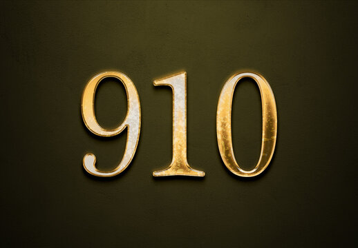Old gold effect of 910 number with 3D glossy style Mockup.	