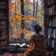 Fototapeta premium The girl is sitting in front of the window