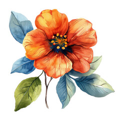 In this illustration, a vibrant orange hibiscus is brought to life using watercolor, showcasing its detailed petals and verdant leaves.