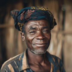 Elderly African man, poverty, deep contemplation, life experience, dignity, expressive wrinkles, traditional attire, strong gaze.