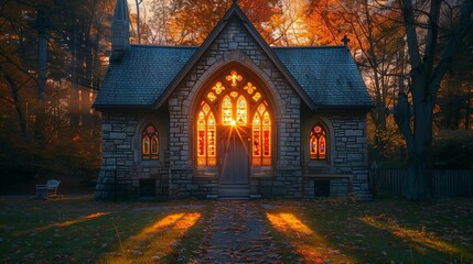 Peaceful Sunrise: Ancient Church Entrance, generative ai