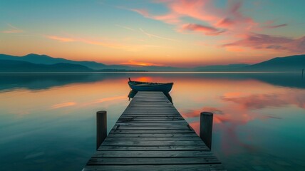 A tranquil lakeside scene at twilight, with a wooden pier stretching out into the still waters, reflecting the vibrant hues of the sunset sky and a lone rowboat moored at the dock.3
