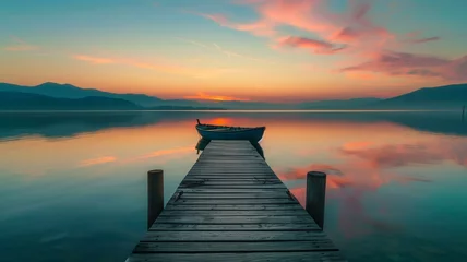 Plexiglas foto achterwand A tranquil lakeside scene at twilight, with a wooden pier stretching out into the still waters, reflecting the vibrant hues of the sunset sky and a lone rowboat moored at the dock.3  © Fatima