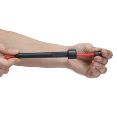 red black skipping rope hold in hand on white background