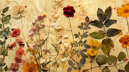 Vintage botanical collage featuring pressed flowers, leaves, and botanical sketches
