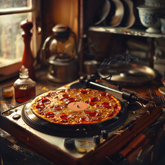 The illustration depicts an unusual scene in a kitchen - instead of a vinyl record, there's a pizza placed on a record player. In the background, you can see typical kitchen elements like pots and pan