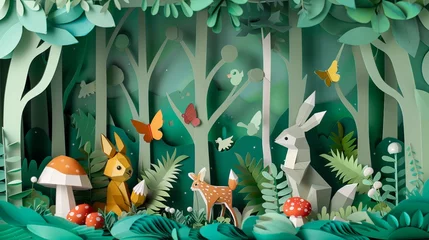 Poster Whimsical paper craft scene depicting a whimsical forest inhabited by woodland creatures © KerXing
