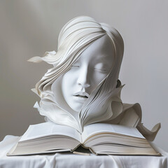 An illustration depicting the head of a girl emerging from the pages of a book.