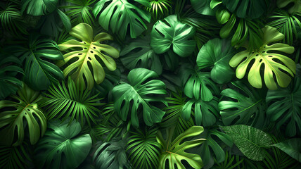 A lush green jungle with many leaves and vines - obrazy, fototapety, plakaty