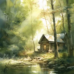 Foto op Canvas Rustic Cabin by the River Watercolor, Sunlit Forest, Serene Wilderness Home © r3mmm