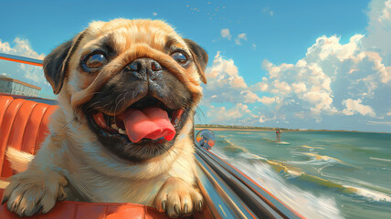 A pug is sitting in a car and looking out the window at the ocean - obrazy, fototapety, plakaty