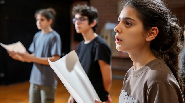 Young actors act out a theatrical production on a closed stage holding a paper with a script, acting rehearsal