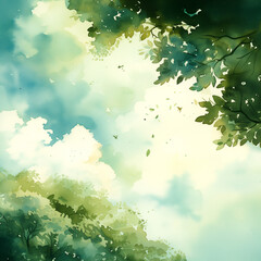 Sunlit Tree Canopy Watercolor, Ethereal Blue and Green Palette, Dreamy Sky View